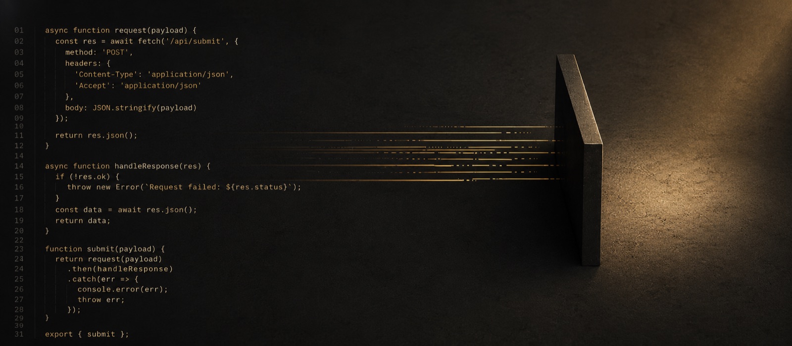 Lines of code streaming toward a stone monolith, illustrating code passing into an AI tool